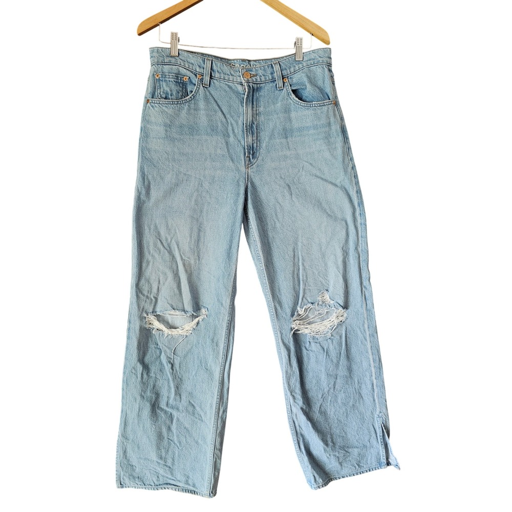Mother Snacks Wide Leg Distressed Jeans Light Wash Blue Side Slit Denim